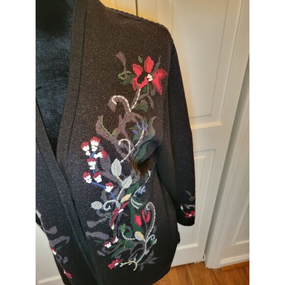 Black Floral Open Cardigan Pleated Embroidered L Whimsygoth Cottage Fairy Boho - Picture 3 of 7